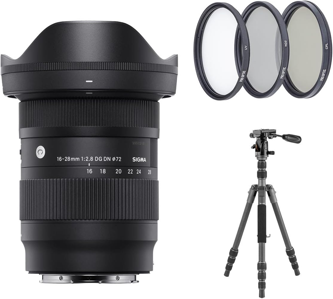 Sigma 16-28mm f/2.8 DG DN Contemporary Lens for Sony E, Bundle with Vanguard VEO 3 GO 235AB Al Travel Tripod with T-50 Ball Head, 72mm Filter Kit, Cleaning Kit