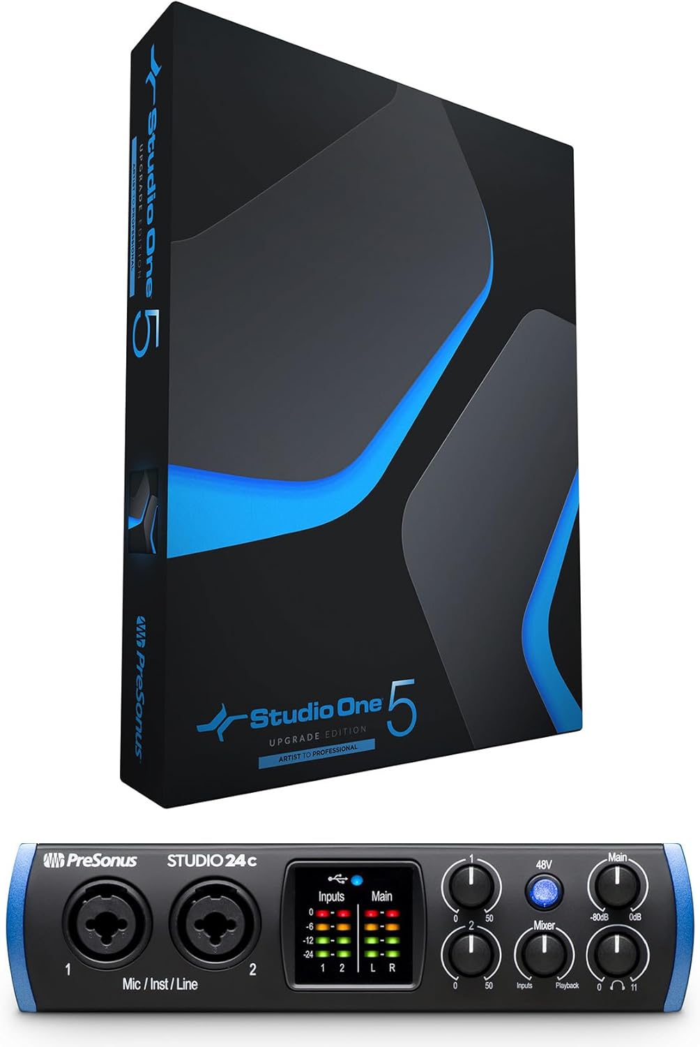 Audiosavings Bundle: Presonus STUDIO 24C 2x2 USB-C Audio MIDI Recording Interface, 2 XMAX Mic Preamps Bundle with PRESONUS S15 ART UPG Studio One 5 Professional Upgrade from Artist Versions (2 Items)