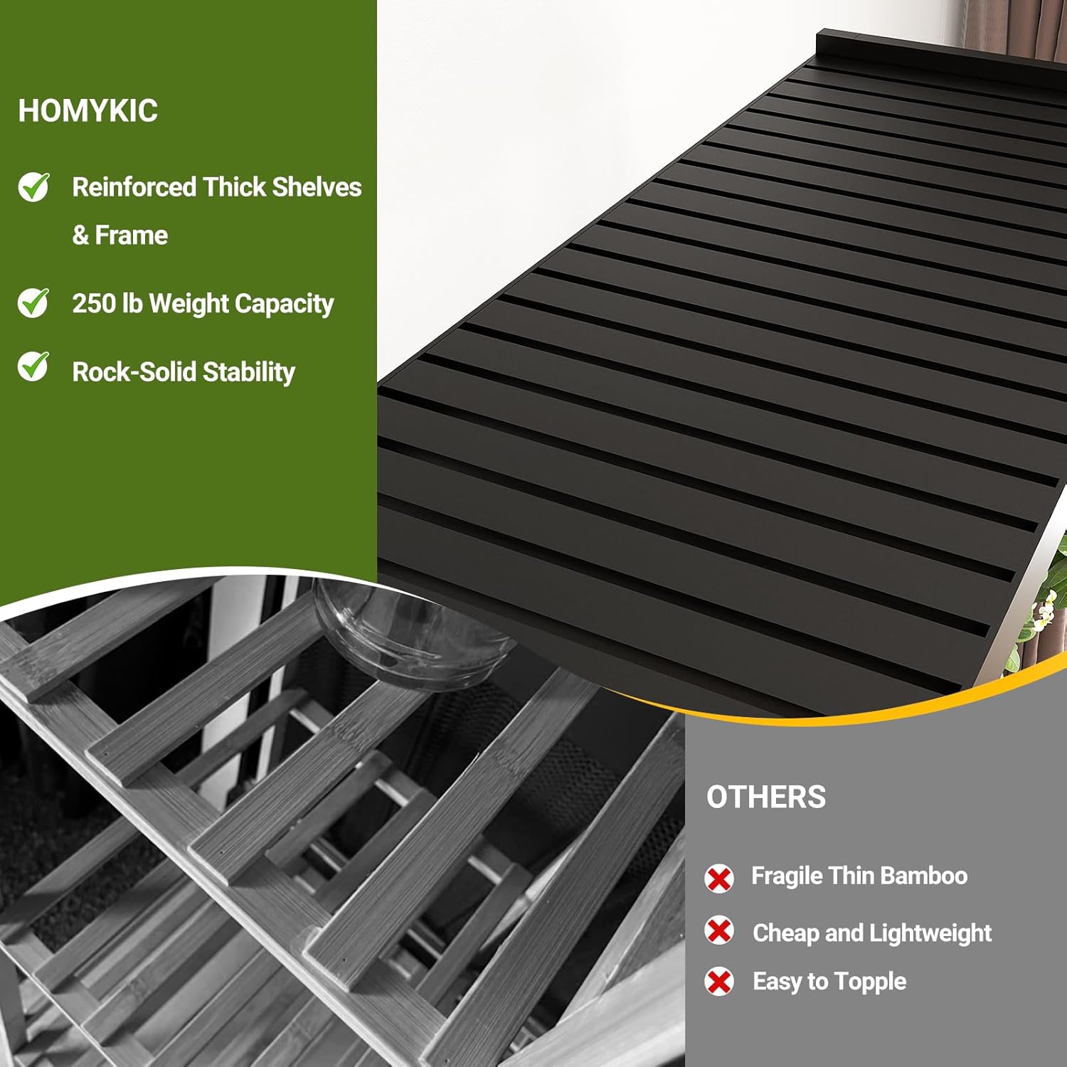 Homykic Bamboo Clothes Rack with Shelves and Double Hang Rods, Portable Closet System Garment Rack for Hanging Clothes, Tall Clothing Rack Corner Closet Organizer, Easy to Built, Freestanding, Black