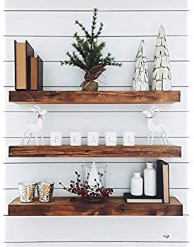 Wood Floating Shelves Set Handcrafted Rustic Pine Kitchen Office Bedroom Wall Mounted Smooth Finish Organizers No Urethane Set of 3 (1.5'' x 5.5'') (Special Walnut, 36'')