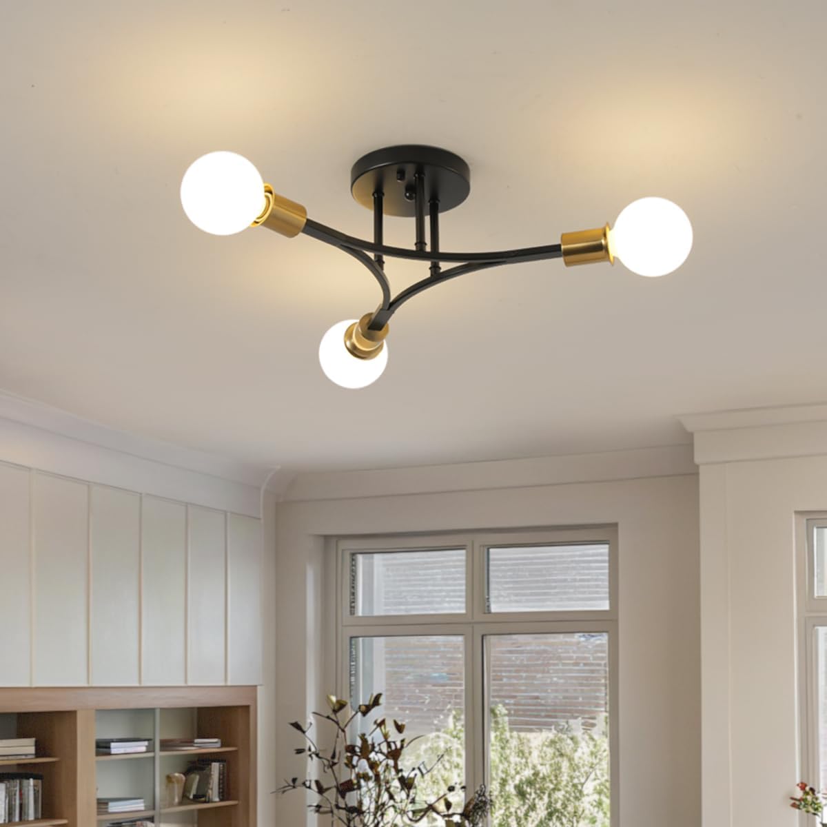 3-Lights Modern Sputnik Semi Flush Mount Ceiling Light Fixture Black and Gold,Mid Centur Sputnik Chandelier for Entryway,Hallway,Bedroom,Kitchen,Dining Room,Living Room(Bulbs Not Included)
