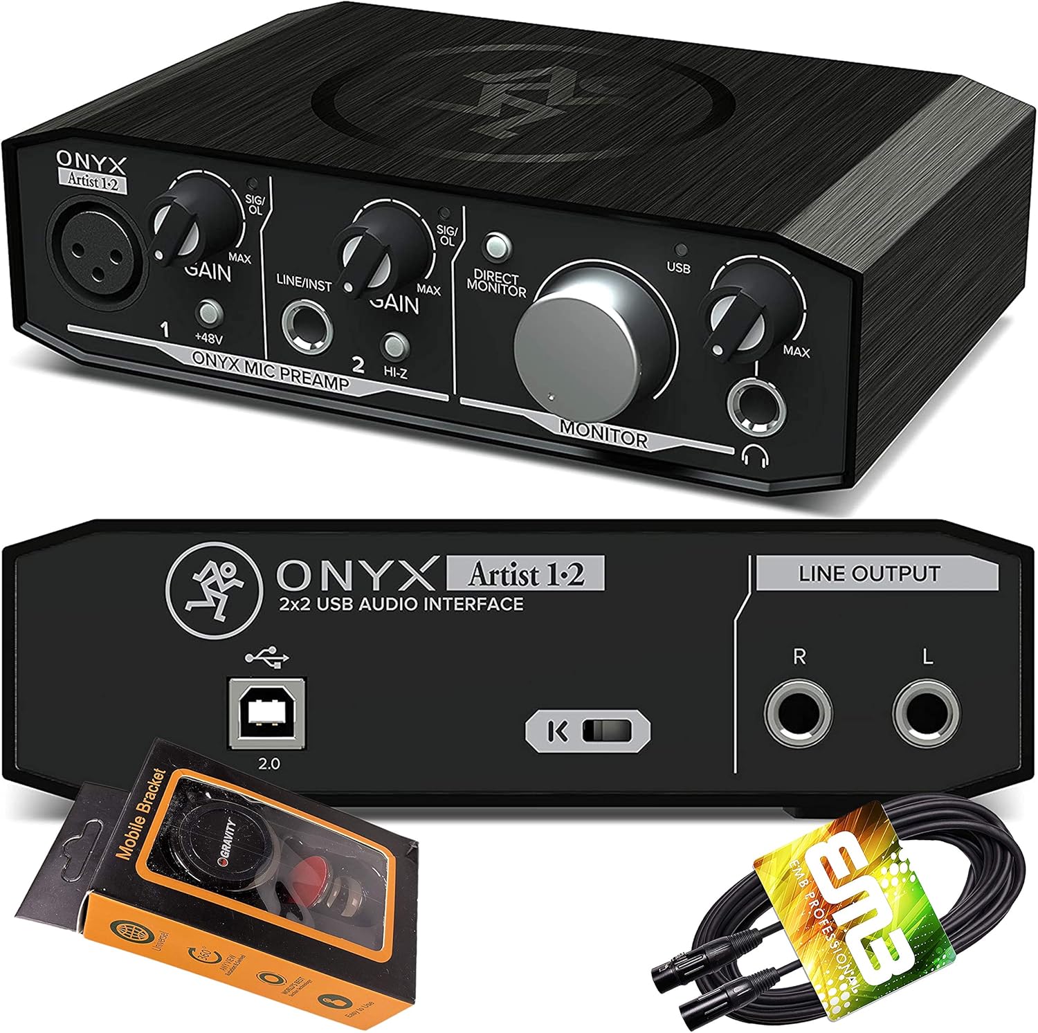 Mackie Onyx Artist 1-2 USB Audio Interface 2-in/2-out USB 2.0, 24-bit/192kHz, with 1 Onyx Mic Preamp and Zero-Latency Monitoring, and Software with Gravity Phone Holder and XLR Cable PK3 Bundle