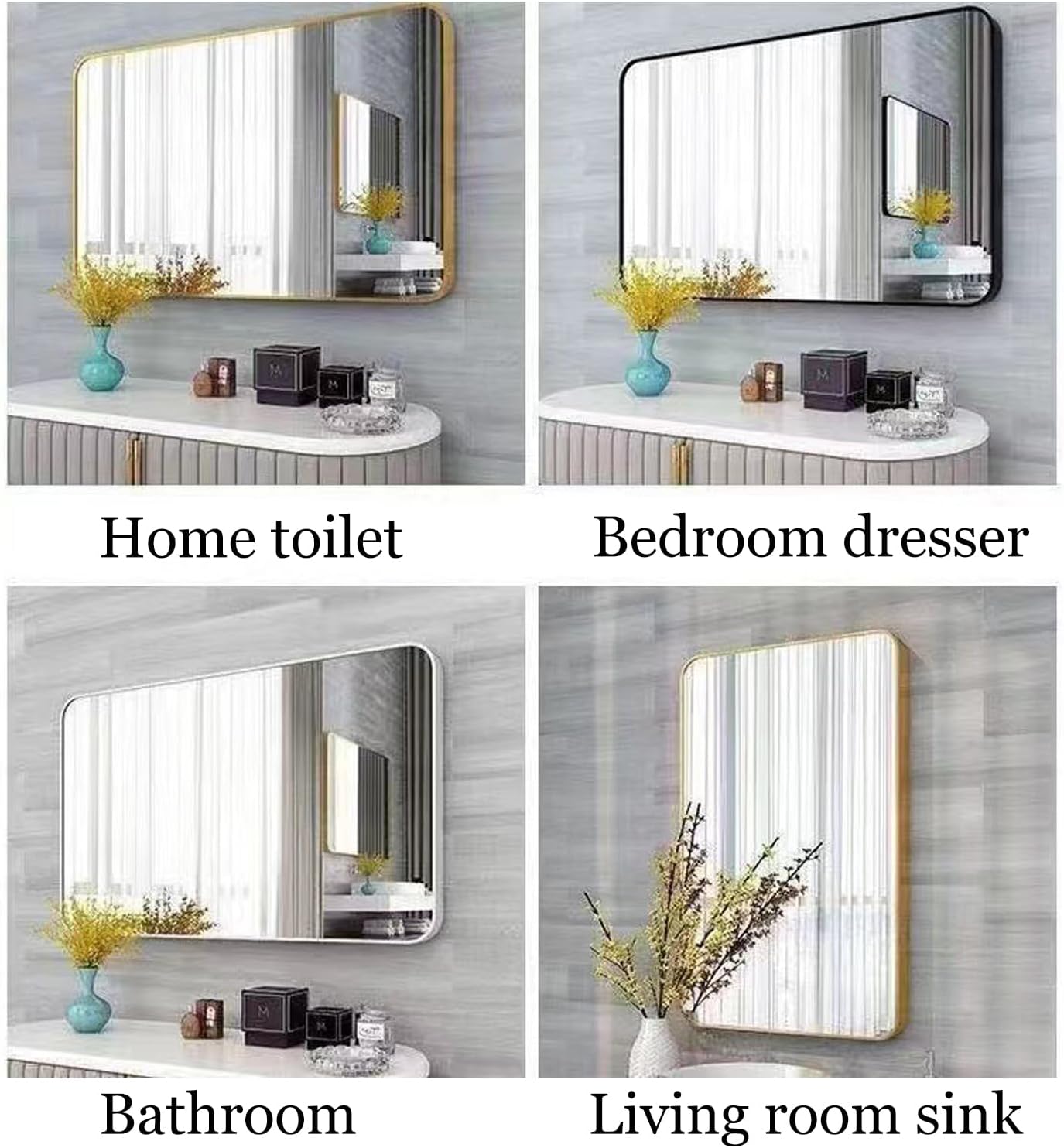 Punch Free Modern Bathroom Mirror, Three Color Frame Square Corner Rectangular Bathroom Wall Mount Vanity Mirror for Bedroom Living Room, Horizontal Or Vertical Hang(Size:60*100cm/23*39in,Color:Gold)