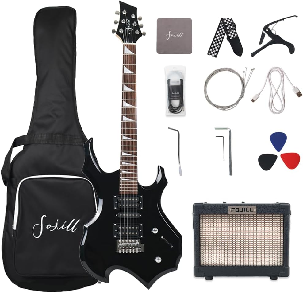 Fojill Heavy Metal Cool Shape Electric Guitar Kit Set Beginner Starter Combo Package Bundle 10W Battery Power Bluetooth Amplifier Amp,Accessory 600D gig Bag,Picks, Cable, Strap, Extra Strings