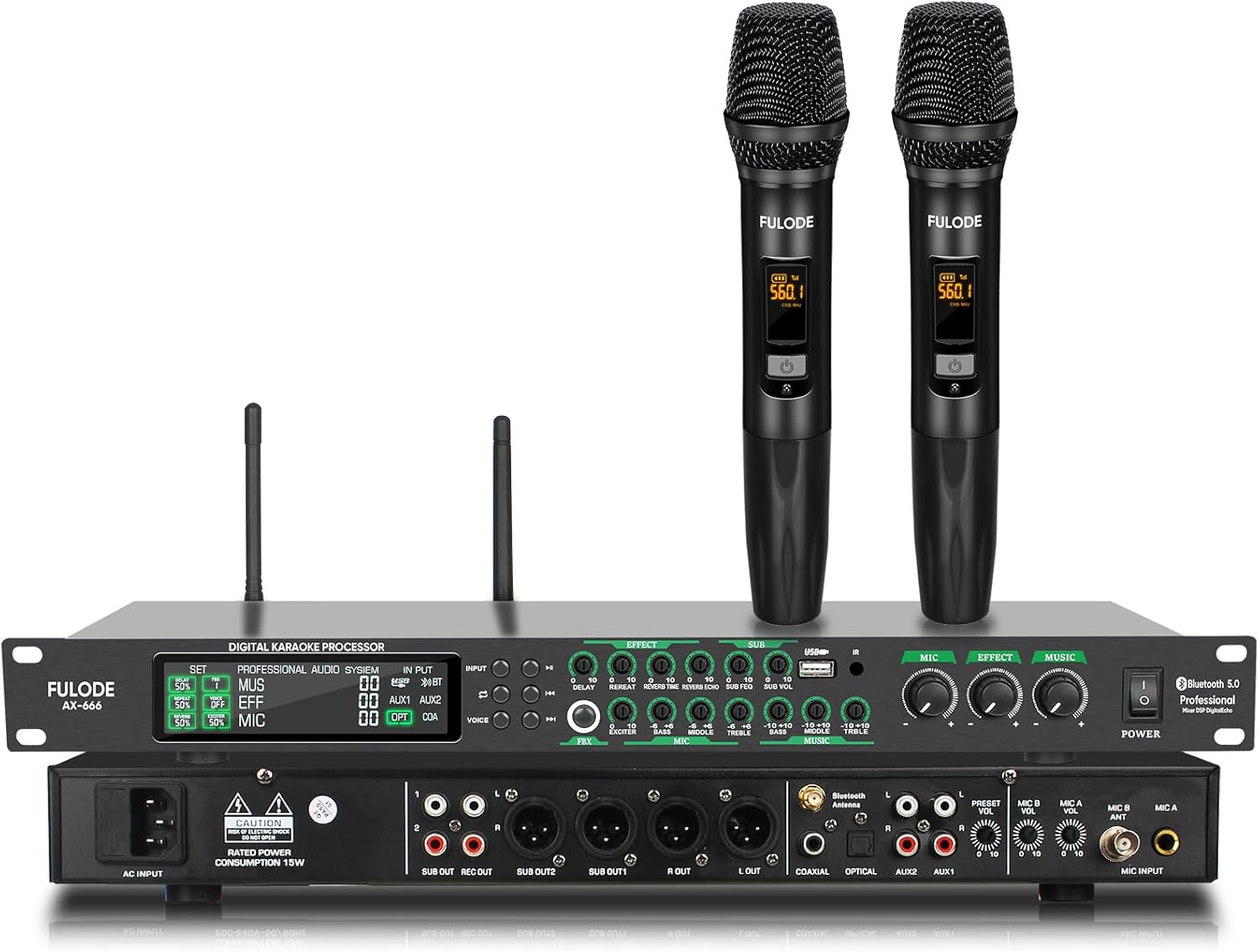 AX-666 Professional Karaoke Processor KTV Mixer with Dual Wireless Microphones, Digital Pre-Stage Effector Audio Vocal Effects Processor System with DSP Anti-Howling USB MP3 Bluetooth Optical