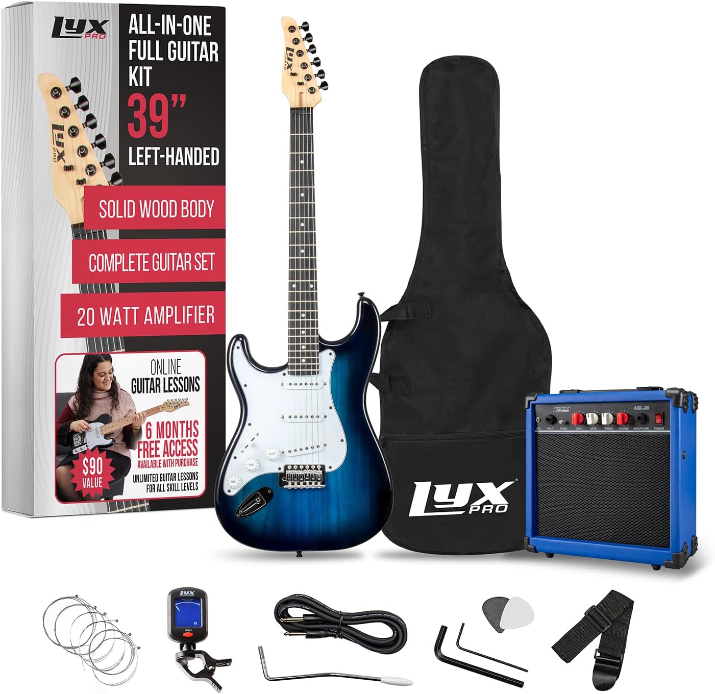 LyxPro Left Hand 39 Inch Electric Guitar and Starter Kit for Lefty Full Size Beginner’s Guitar, Amp, Six Strings, Two Picks, Shoulder Strap, Digital Clip On Tuner, Cable and Soft Case - Blue