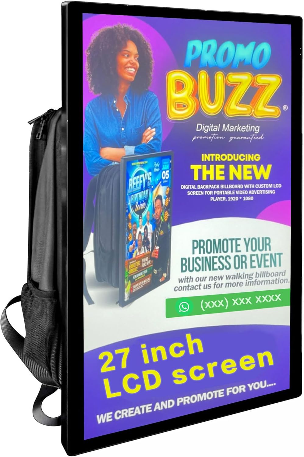 Welaso 27/32 inch LCD Ads Backpack,4G+32G,TouchScreen,APP Wireless Screen Projection,Human Walking Bag Digital Billboard (27 inches Screen+4G RAM +32G)