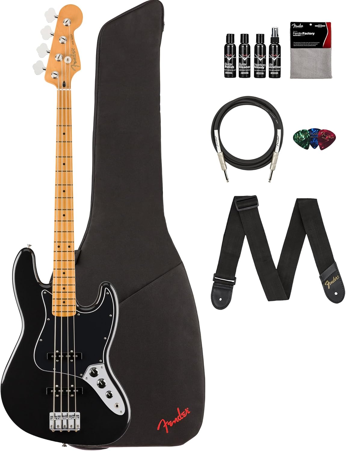 Fender Player II Jazz Bass - Black Bundle with Gig Bag, Strap, Cable, 3-Pack Picks and Guitar Cleaning Kit
