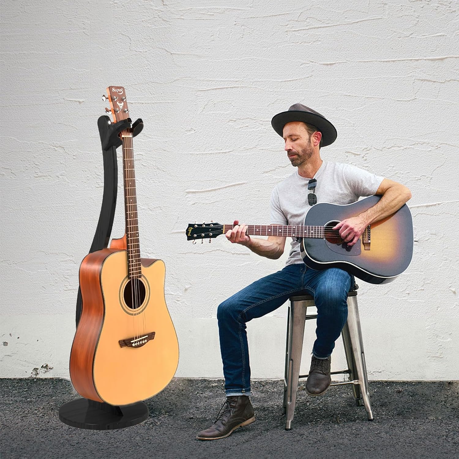 Wooden Guitar Stand Floor - Handmade Bamboo Guitar Music Stands for Acoustic Guitar Players, Wood Guitars Holder with Hanger for Electric Guitar, Banjo (Black)