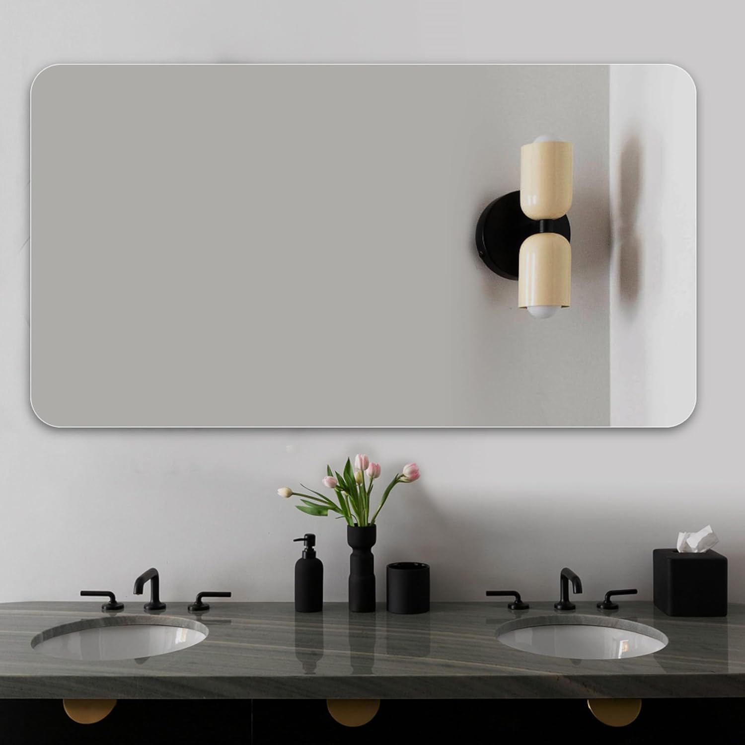 40x30 Inch Bathroom Vanity Mirror, Frameless Rounded Corner, Anti-Fog, Explosion-Proof, High-Definition Silver Mirror, Horizontal/Vertical Wall Mount, Modern Bathroom Mirror