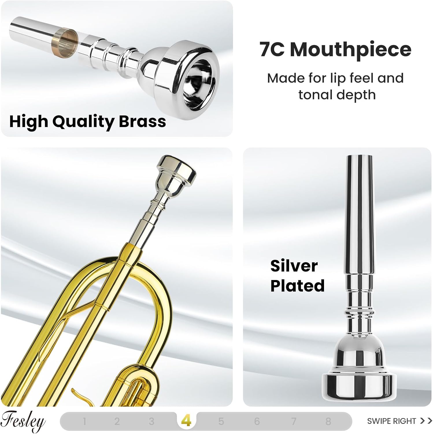 Fesley Bb Standard Trumpet Set: Brass Trumpets for Beginner Student, Brass Trumpet Instrument with 7C Mouthpiece, Hard Case, Cleaning Kit (Golden)