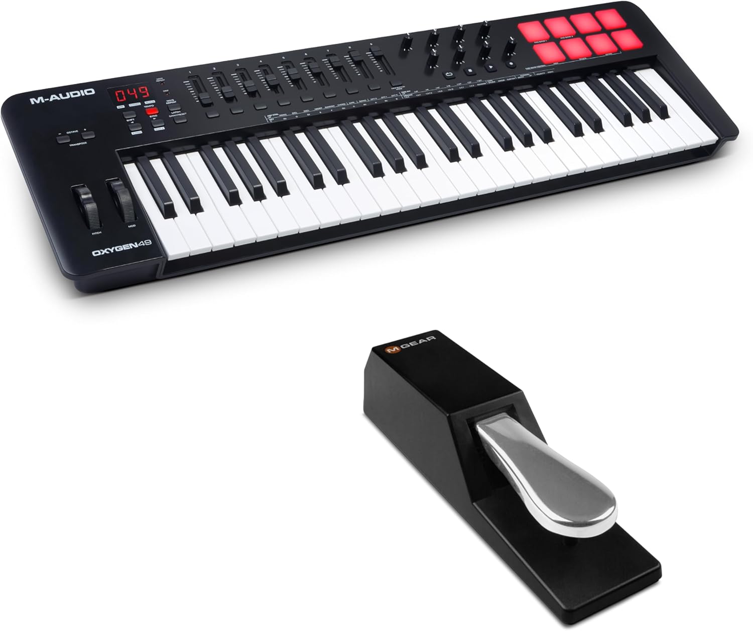 MIDI Controller Bundle - 49-Key USB MIDI Keyboard Controller with Beat Pads, Sustain Pedal and Software Suite - M-Audio Oxygen 49 MKV and SP-2