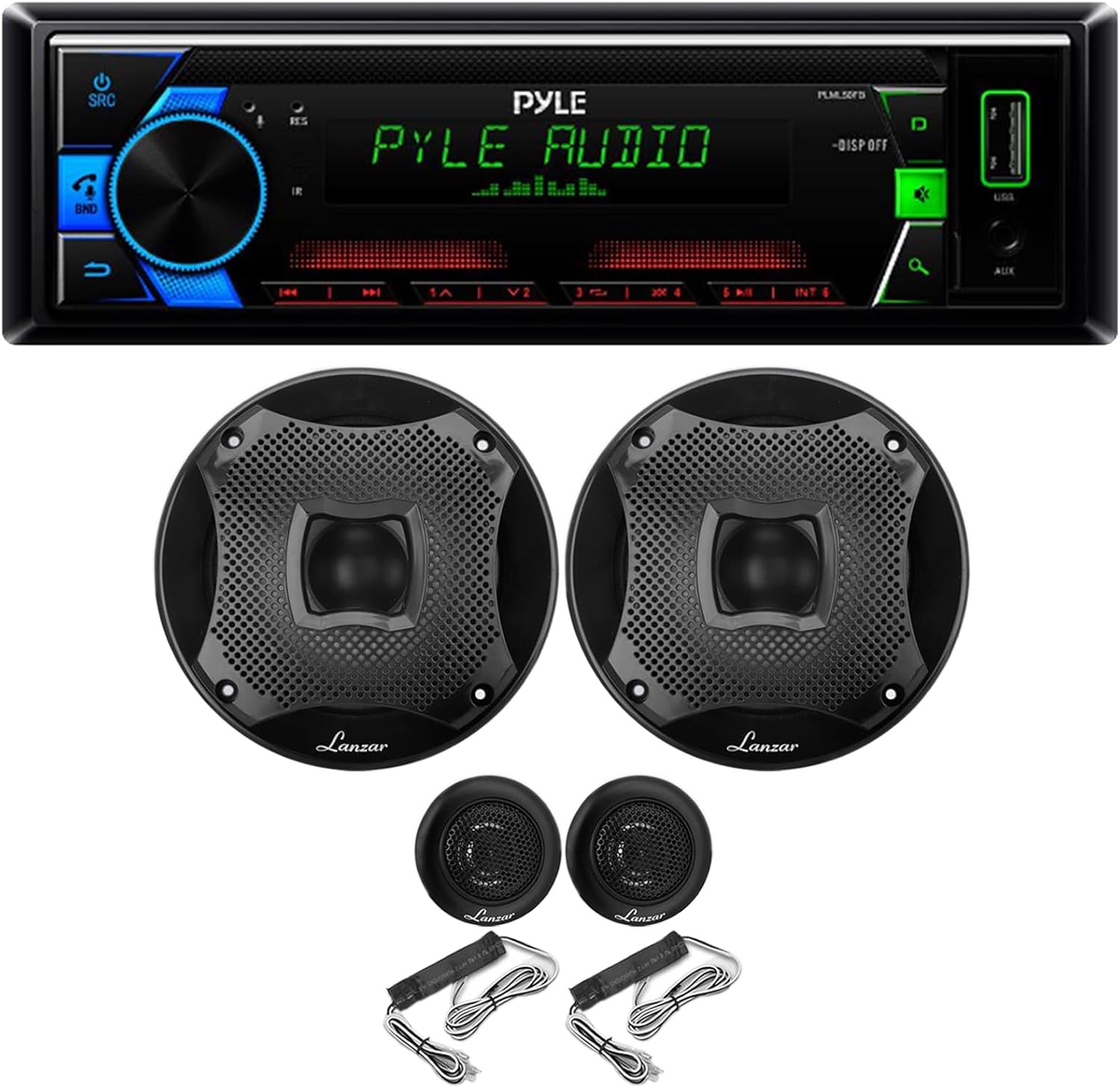 Pyle PLML50FB Single DIN Bluetooth 30 Preset Station Memory MP3/USB/AUX/AM/FM Radio Stereo Car Audio Receiver Bundle Combo with 2X 6.5 450 Watt Peak Power 2-Way Black Audio Component Speakers