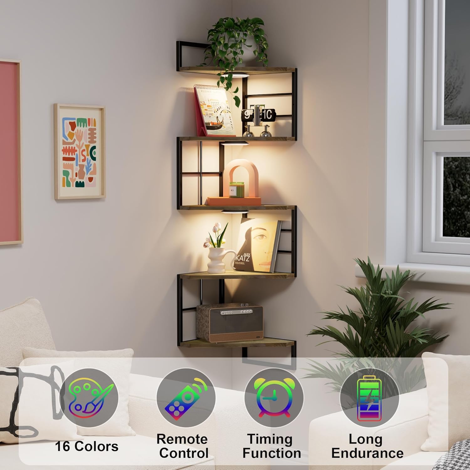 Floating Corner Shelves with Light - 5 Tiers Metal Corner Shelf Wall Mounted for Bedroom Living Room Office Kitchen, Easy-to-Assemble Corner Wall Shelves, Brown