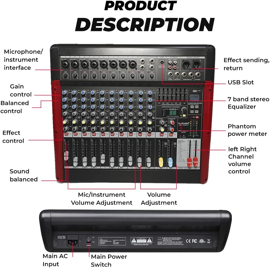 MUSYSIC PA Audio Mixer, Dual Bit FX Processor, 24 Built-in Preamp & Professional Amp, 99 Sound Effects USB/WMA/SD/MP3/Bluetooth Interface - DJ and Studio Gear with 66m Faders - 12 Channels 7 Band GEQ