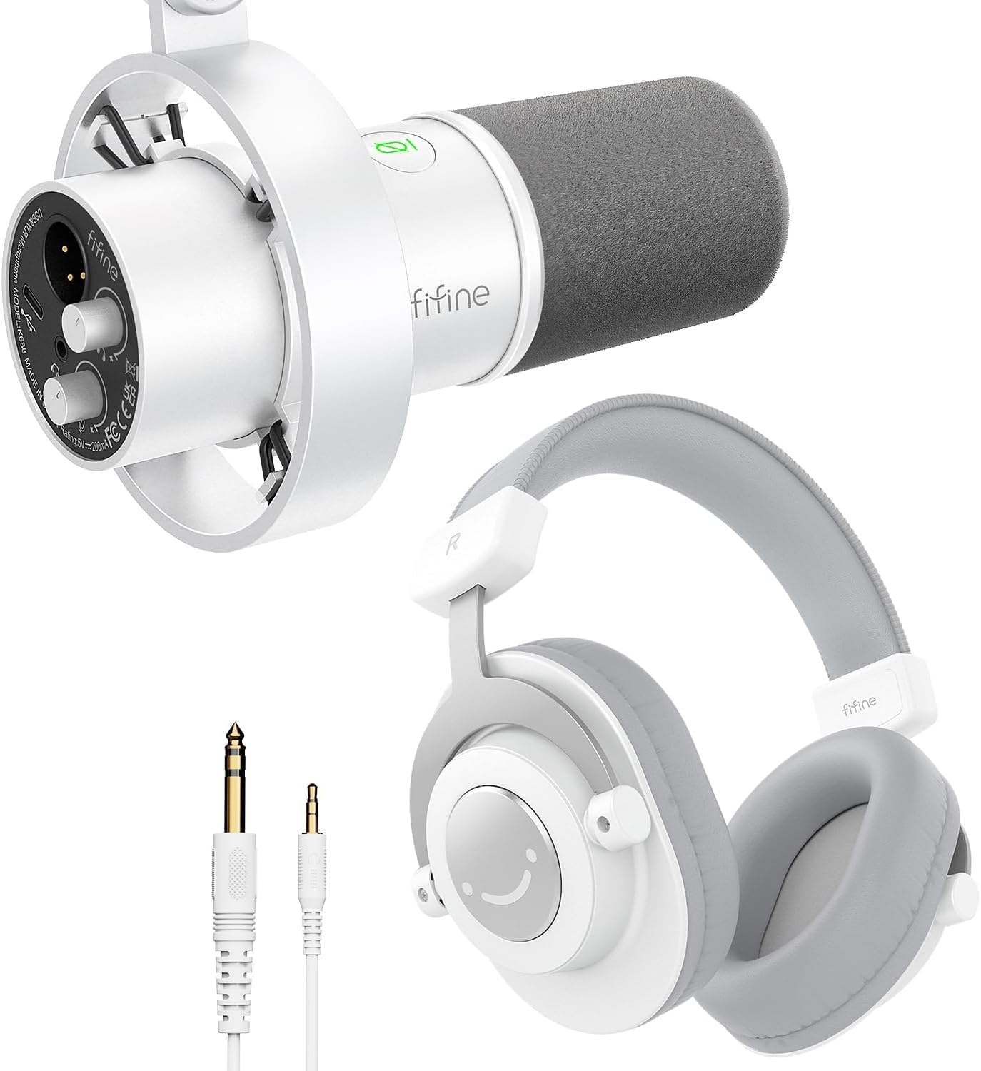 FIFINE Studio Recording Equipment Set, USB Dynamic Microphone with Headphones Bundle, XLR Podcast Mic with Headphones Jack with Over-Ear Headset for Vocal, Music Creation, Voice-Over (K688+H8 White)