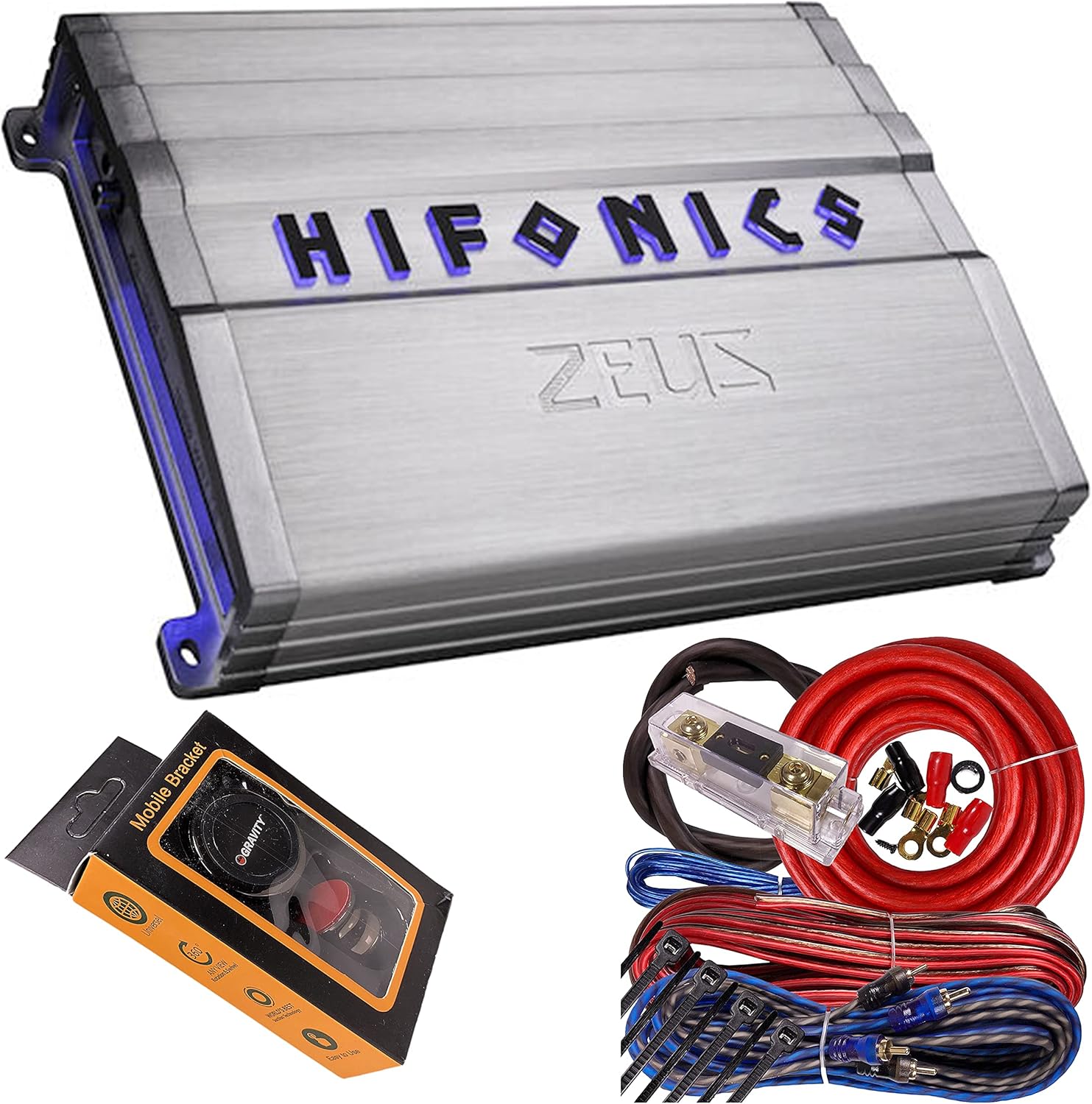 Hifonics ZG-1800.1D Zeus Gamma 1 Channel Super D Class 1800 Watt Car Audio Sound System Subwoofer Speaker Amp Amplifier with Gravity Magnet Phone Holder and 4 Gauge Kit Red Bundle