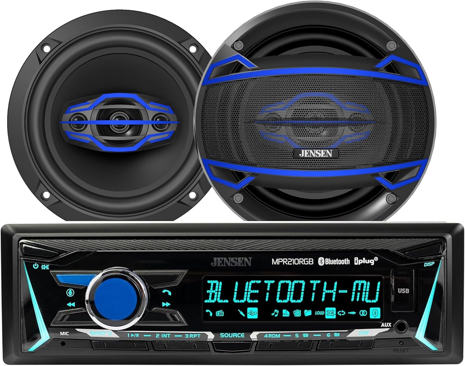 JENSEN MPR210RGB 12 Character LCD Single DIN Car Stereo Radio & JS6504 6.5 inch Car Speakers