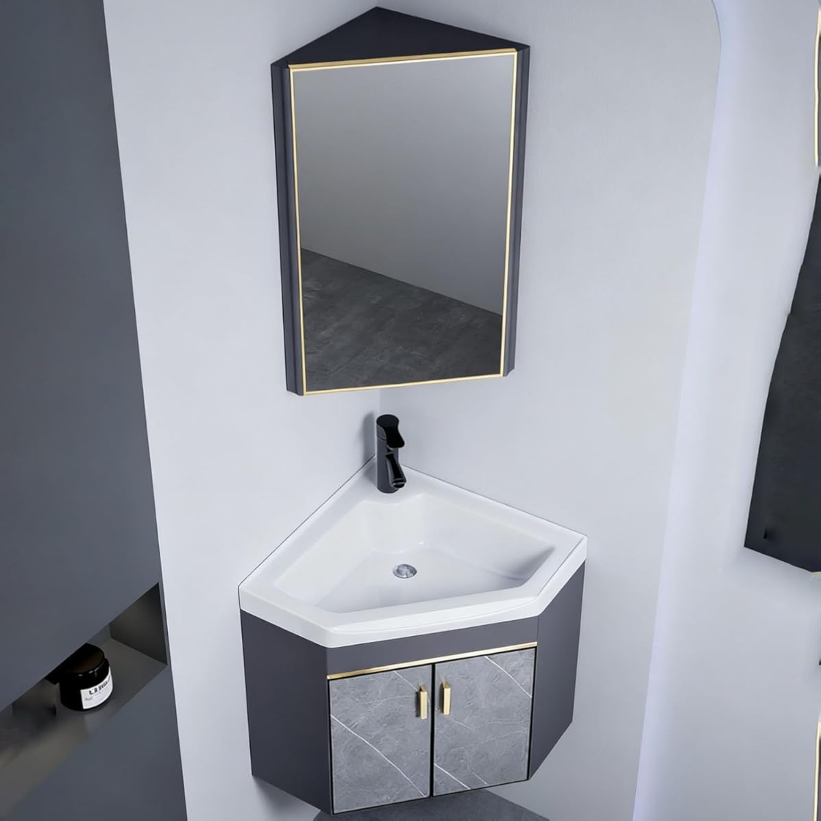 Corner Bathroom Vanity Sink Combo with Mirror, Wall Mount Corner Bathroom Sink Cabinet, Ceramic Bathroom Corner Sink for Small Bathrooms(56cm/22in)
