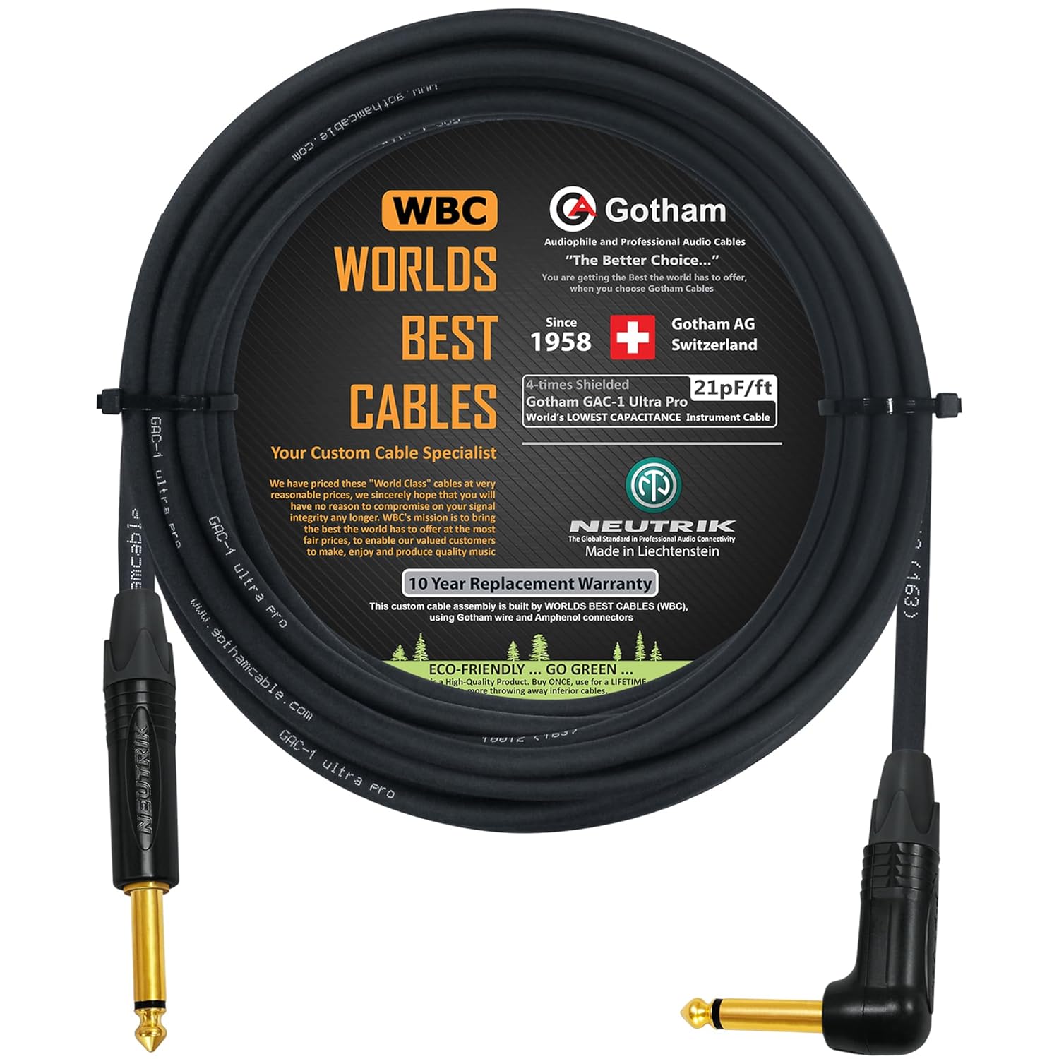 WORLDS BEST CABLES 50 Foot - Gotham GAC-1 Ultra Pro - Premium Low-Cap (21 pf/F) Guitar Bass Instrument Cable – w/Neutrik Gold Straight to Angled ¼ inch (6.35mm) TS Connectors - Custom Made
