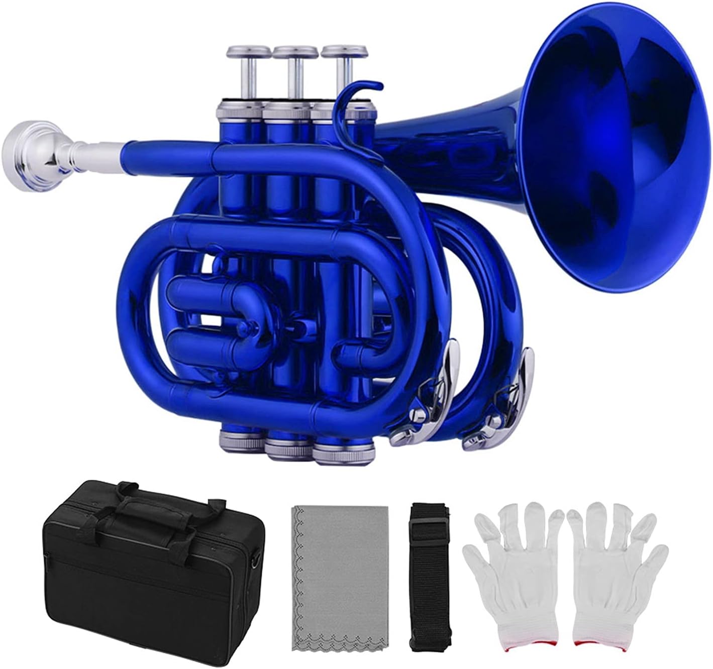 KESHUO Mini Pocket Trumpet Bb Flat Brass Material Wind Instrument with Mouthpiece Gloves Cleaning Cloth Carrying Case Trumpets (Color : D)