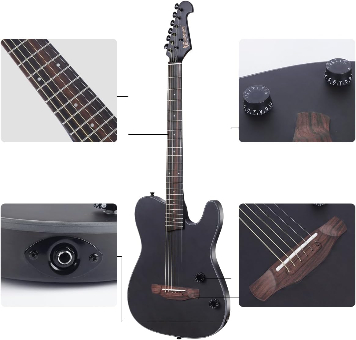 Bullfighter Silent Guitar Steel 6 String Travel Electronic Classical Portable Built in Pickups Steel Guitars Case Bag, Strap, Strings (K6)