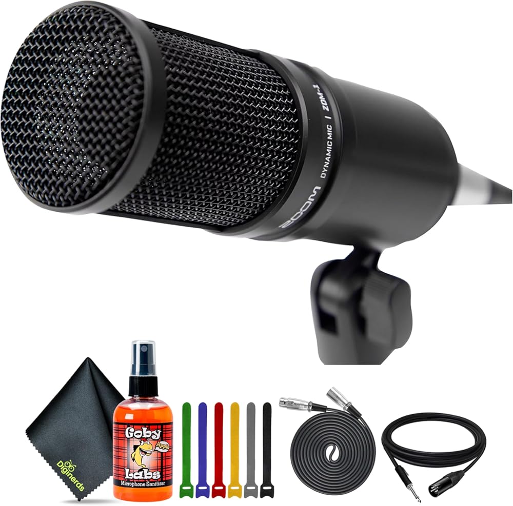 Zoom ZDM-1 Dynamic Podcasting Microphone + Wire Straps + XLR to 1/4 10FT + XLR to XLR 3M Balanced Interconnect Cable + Goby Labs Sanitizer Spray for Microphones
