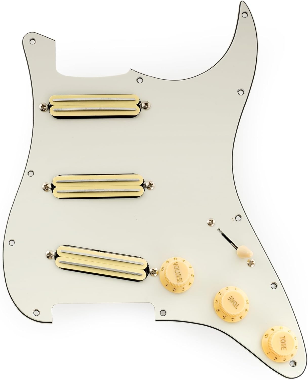 Musiclily Pro-SE ST-DPHC Pre-wired SSS Pickguard with Ceramic Mini Rail Humbucker for Strat Style Electric Guitar, 3Ply Aged White