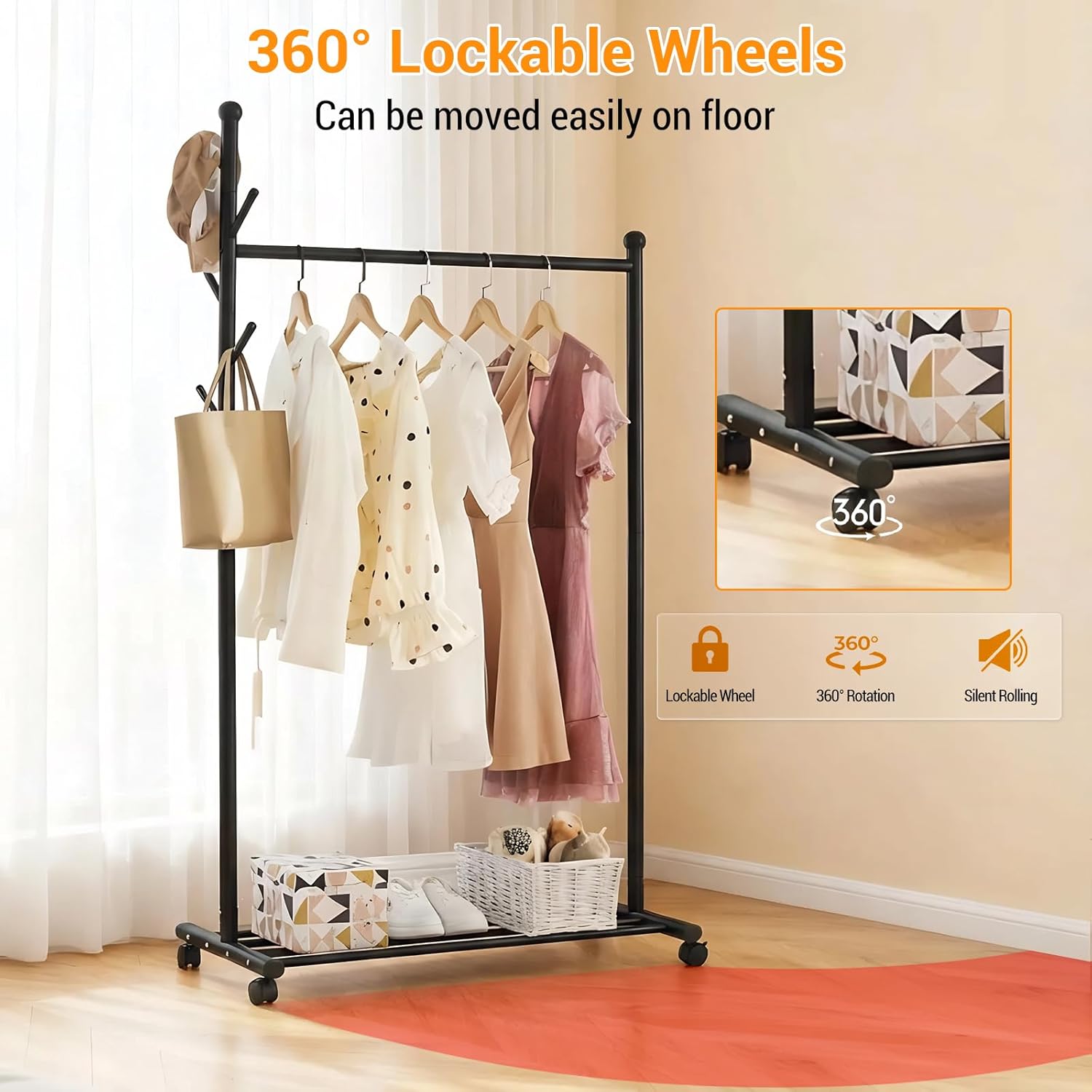 Small Clothes Racks for Hanging Clothes Clothing Rack with Wheels Metal Garment Rack with Shelves Portable Rolling Wardrobe Racks for Small Space Corner Bedroom Hallway Entryway Living Room Black