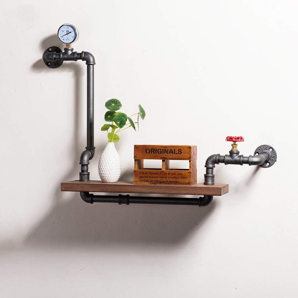 JHSLXD Retro Water Pipe Bookshelf Loft Industrial Style Solid Wood Bulkhead Shelf Multifunction Wrought Iron Wall Mount Decoration Display Stand 45 40CM,4540CM