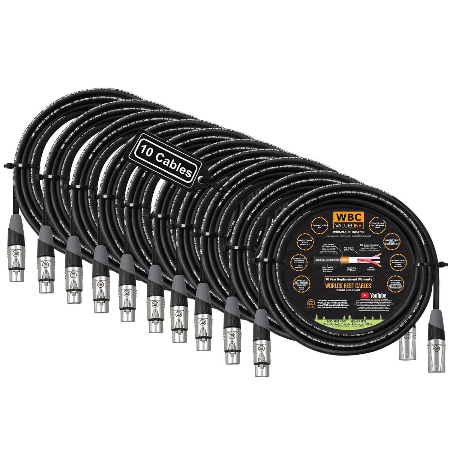 WBC-VALUELINE-2CS (22 AWG) - 10 Units - 10 Foot–Low-Capacitance Shielded Balanced Flexible Microphone, Active-Speaker & Interconnect Cables with Eminence Gold XLR Connectors