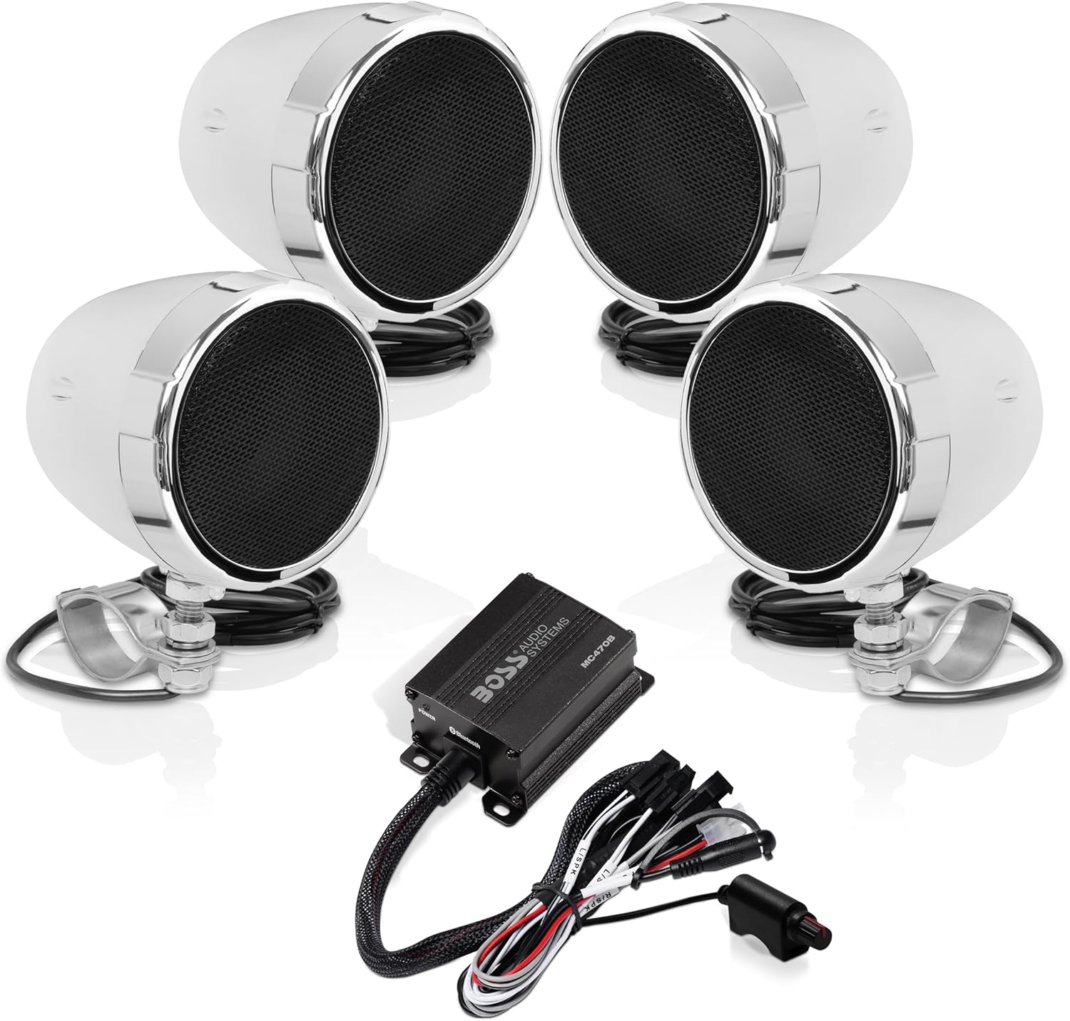 BOSS Audio Systems MC470B 3 Inch Motorcycle Full Range Speakers and Amplifier Sound System - Bluetooth 2 Channel Amplifier, Weatherproof, Volume Control, ATV UTV Compatible