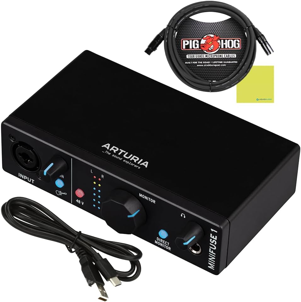 Arturia MiniFuse 1 Portable USB-C Audio Interface, Black w/Pig Hog PHM10 8mm XLR Microphone Cable and Liquid Audio Polishing Cloth
