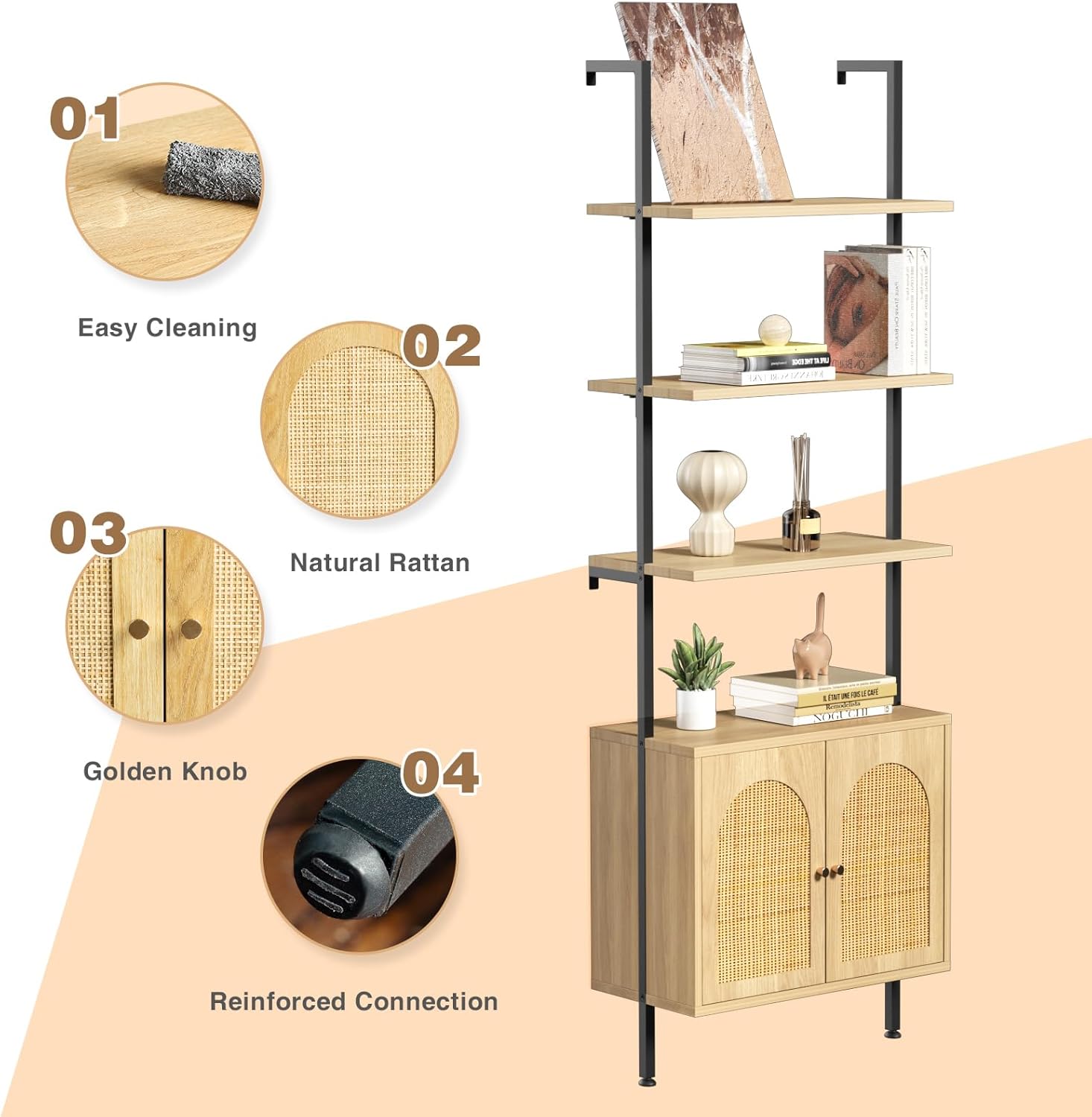 3 Tier Ladder Bookshelf with Rattan Cabinet, Open Bookshelf with Cabinet, Wall Mount Bookcase with Metal Frame for Home Office, Bedroom, Oak