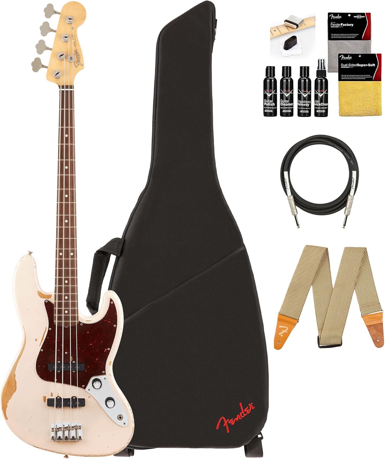 Fender Flea Jazz Bass - Roadworn Shell Pink Bundle with Gig Bag, Strap, Instrument Cable, and Guitar Cleaning Kit