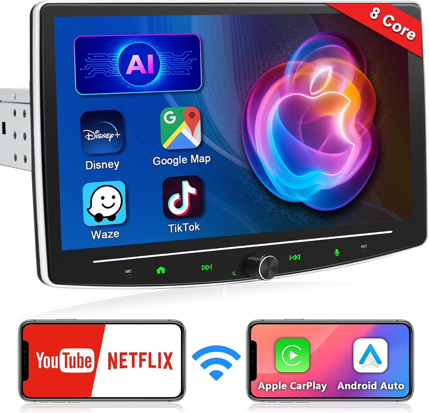 10 Inch Single Din Touchscreen Car Stereo with Wireless Carplay & Wireless Android Auto, Adjustable Android Car Radio with Live Rearview Backup Camera, Bluetooth AM/FM WiFi, GPS Navigation, 2+32G