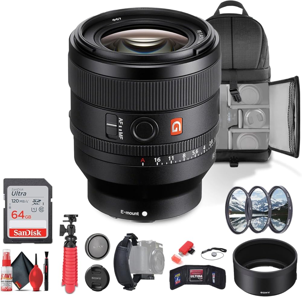 Sony FE 50mm f/1.4 GM Lens (Sony E) (SEL50F14GM) + 64GB Memory Card + Filter Kit + Backpack + Flexible Tripod + Cap Keeper + Cleaning Kit + Memory Card Wallet + Card Reader + Hand Grip Strap (Renewed)