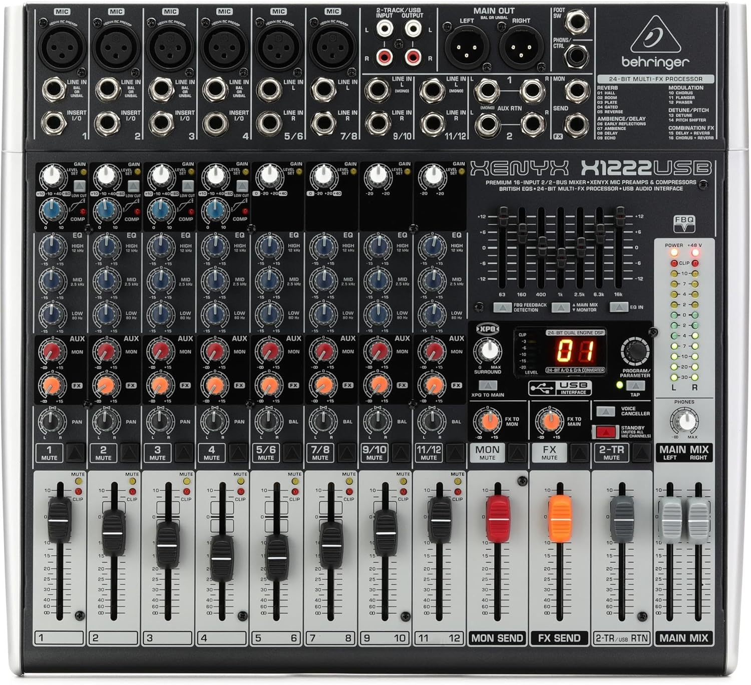 Behringer XENYX X1222USB Premium 16-Input 2/2-Bus Mixer with XENYX Mic Preamps and Compressors, British EQ, 24-Bit Multi-FX Processor and USB/Audio Interface