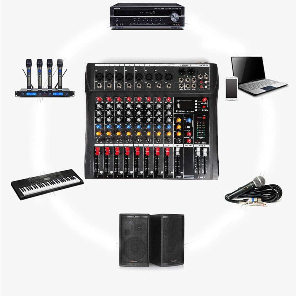 Professional 8 Channel Mixing Console Audio Mixer Bluetooth Digital USB MP3 Input 48V Phantom Power Stereo DJ Studio Audio Sound Mixer Console AC 110V