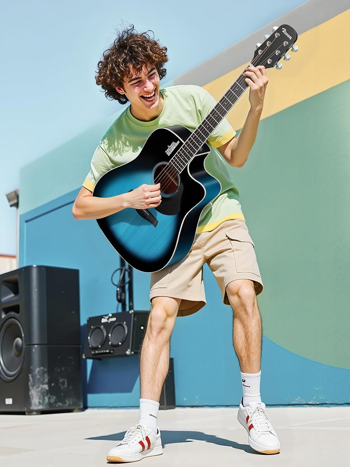 Rosen Solid Top Dreadnought Acoustic Guitar 41 Inches Spruce Guitar Beginner Bundle with Book, Padded Bag, Strings, Picks, Hexwrench, Strap, Polishing Cloth, Blue