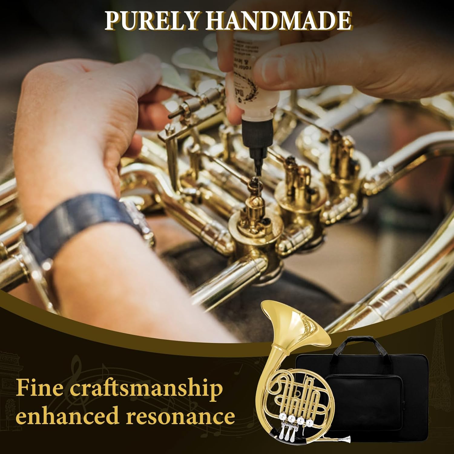 French Horn B Flat, 4 Key Gold Single French Horn Beginner Set for Students & School Bands‌ Brass Lacquer Craft Includes Musical Instrument Box Mouthpiece, Gloves, Cleaning Kit