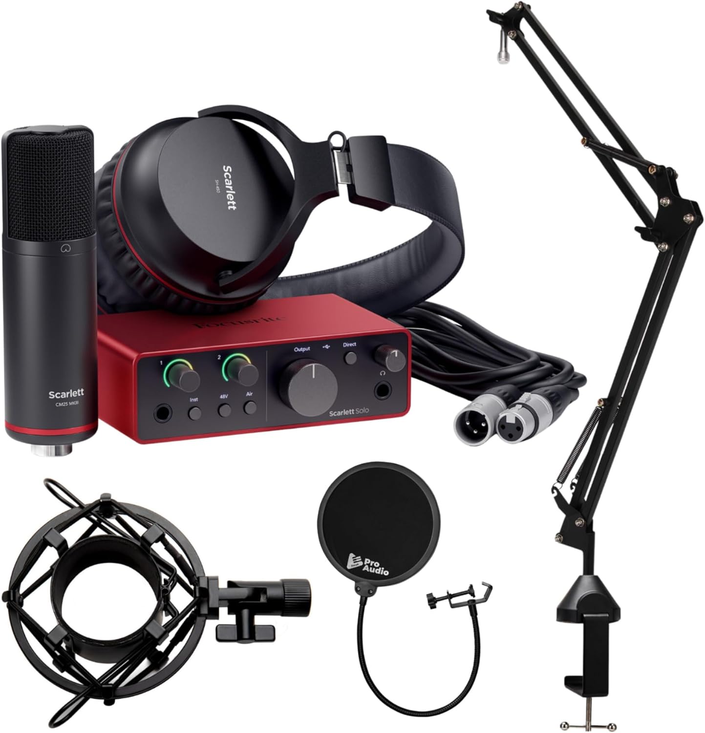 Focusrite Scarlett Solo Studio 4th Gen USB Audio Interface with Mic Preamp and Air Mode - Easy Setup Bundle with Pop Filter, Microphone Stand, and Shock mount (4 Items)