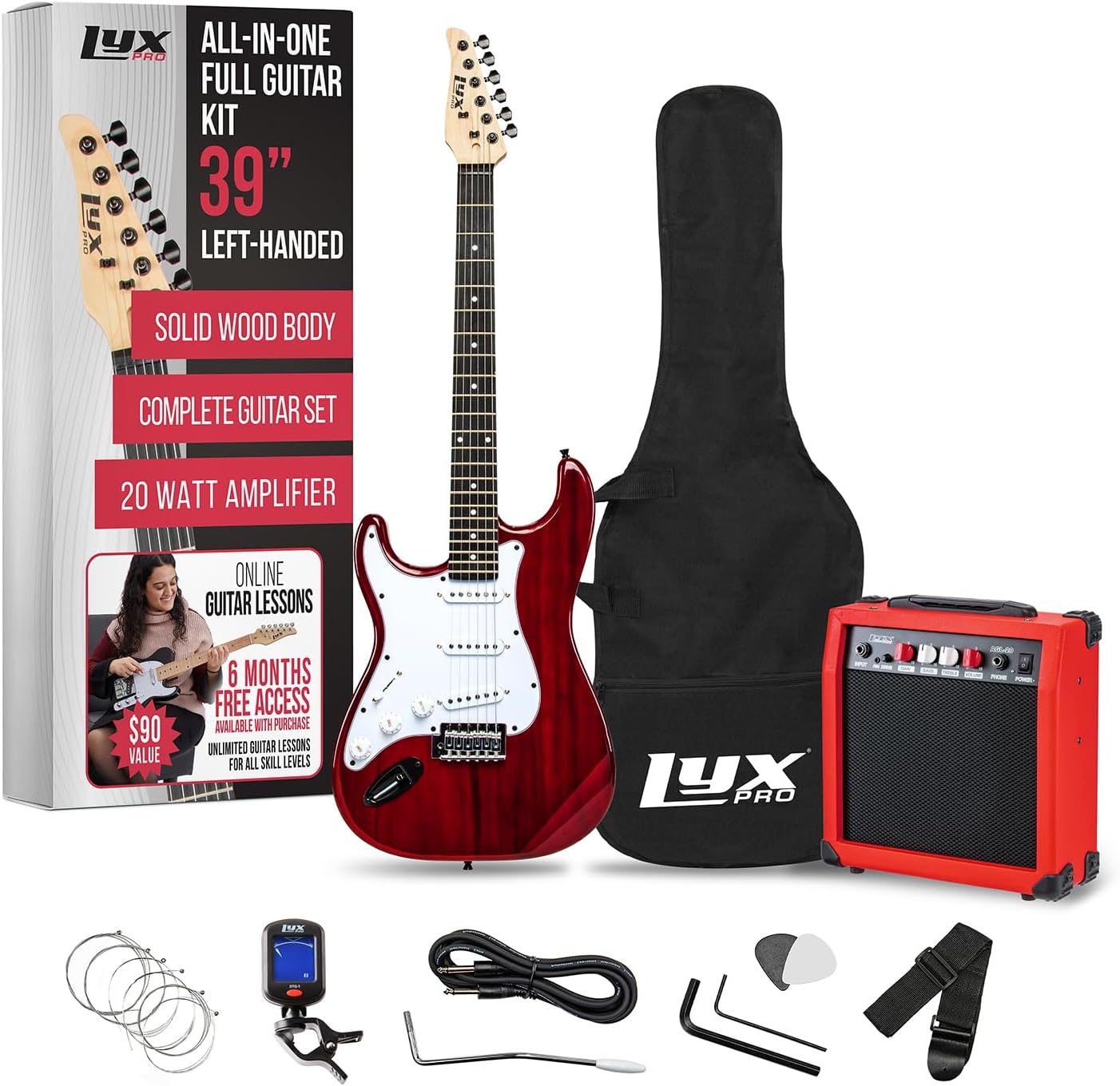 LyxPro Left Hand 39 Inch Electric Guitar and Starter Kit for Lefty Full Size Beginner’s Guitar, Amp, Six Strings, Two Picks, Shoulder Strap, Digital Clip On Tuner, Guitar Cable and Soft Case - Red