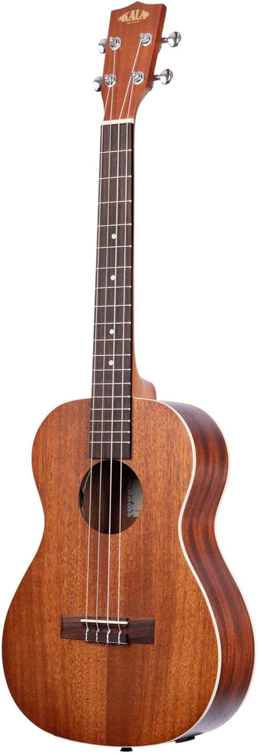 Kala KA-BE Mahogany Baritone Ukulele with EQ Bundle with KALA Klipz Blue Clip-On Tuner & Polishing Cloth – Electric-Acoustic Ukulele with Built-In EQ, Warm Tone & Chrome Die-Cast Tuners