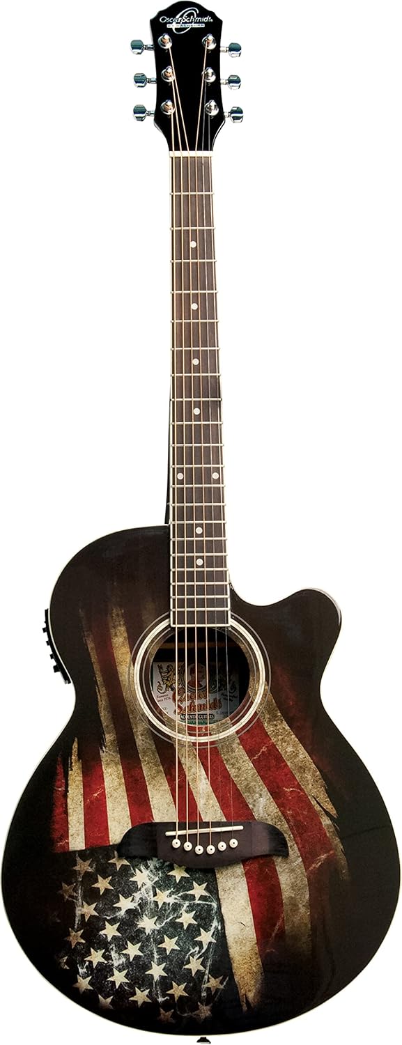 Oscar Schmidt 6 String OG10CE Cutaway Acoustic-Electric Guitar. USA Flag Graphic (OG10CEFLAG-A)