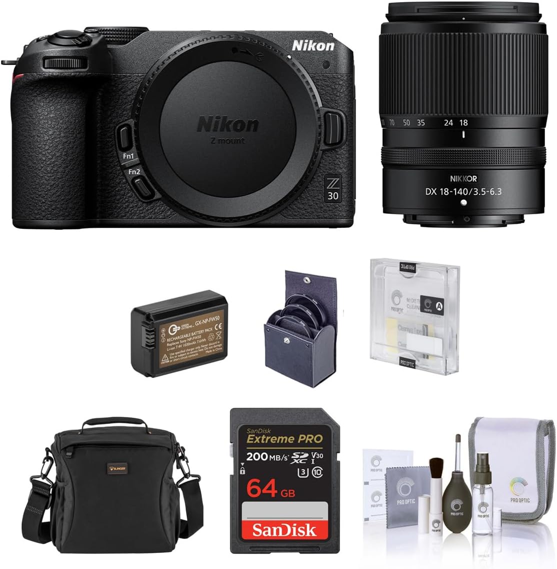 Nikon Z 30 DX-Format Mirrorless Camera with Nikon NIKKOR Z DX 18-140mm f/3.5-6.3 VR Lens, Bundle with 64GB SD Memory Card, Bag, Battery, Screen Protector, 62mm Filter Kit, Cleaning Kit