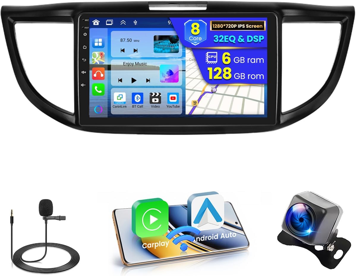 8 core 6+128GB Android Car Stereo for Honda CRV 2012-2016 Wireless Carplay Android Auto, 9'' Touch Screen Car Radio GPS WiFi, Bluetooth SWC Mic Backup Camera Mirror Link