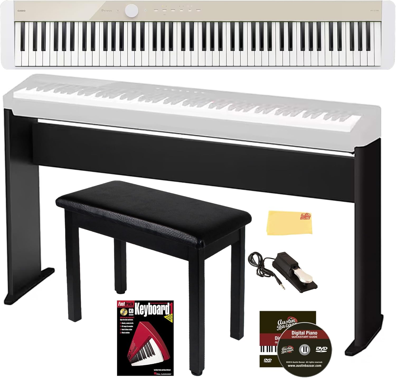 Casio PX-S1100 Privia Digital Piano - Mellow Beige Bundle with CS-68 Stand, Bench, Sustain Pedal, Instructional Book, Austin Bazaar Instructional DVD, and Polishing Cloth