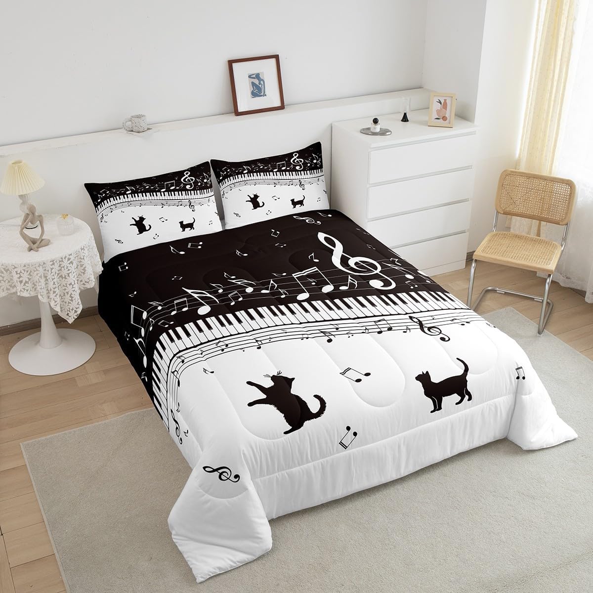 Piano Comforter Set King Size Black Musical Notes Bedding Set 3pcs for Kids Teens Girls Music Lover Room Decor Cat Pet Silhouette Quilt Set White Microfiber Duvet Insert,2 Pillowcases