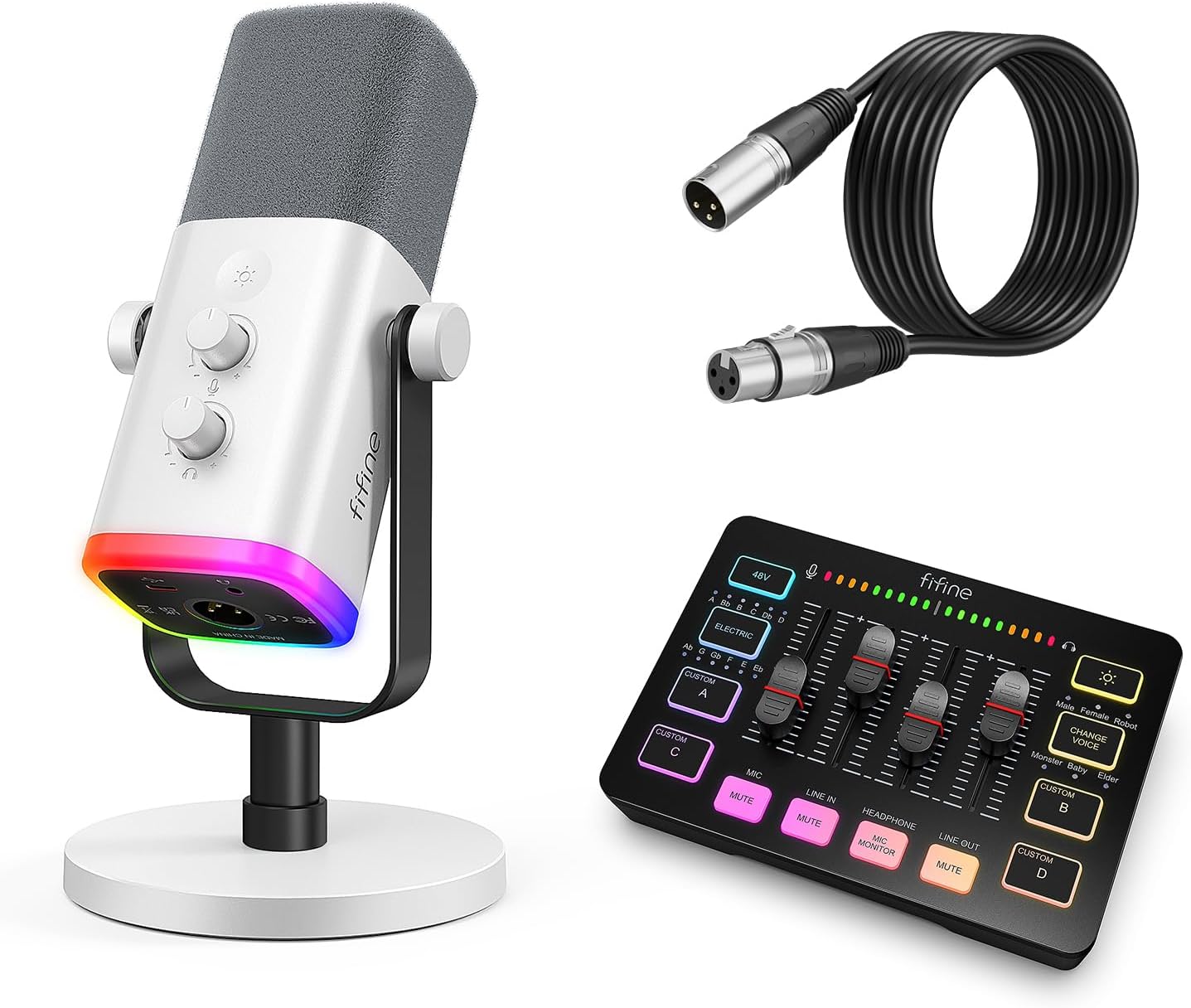 FIFINE XLR/USB Gaming Microphone Kit with Audio Mixer, XLR Cable, Streaming Equipment Set with Volume Controls, RGB Lights, Monitoring for Vocal Video Recording/Podcast/Content Creation (AM8W+SC3+L9)